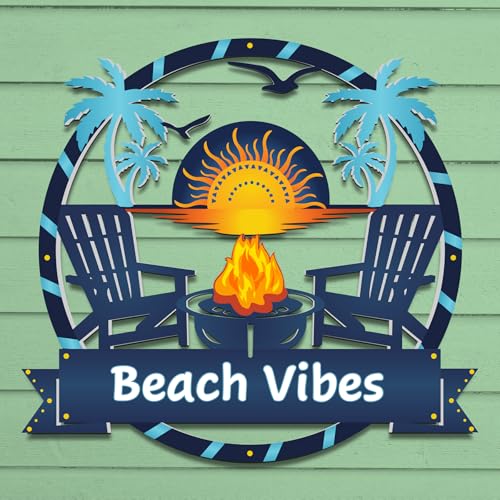 Outdoor Beach Vibes Sign – Round Premium PVC Beach House Decor with Palm Trees & Fire Pit – Weatherproof Coastal Wall Art for Home, Pool Area, Shed