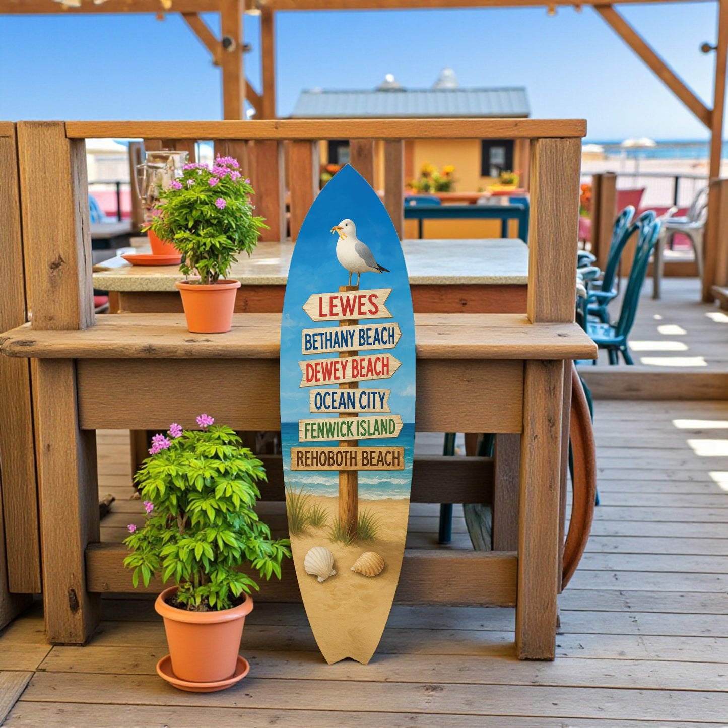 Delaware Beaches Surfboard Wall Art – Coastal Directional Sign with Lewes, Rehoboth, Bethany, Dewey, Fenwick & Ocean City, Nautical Beach