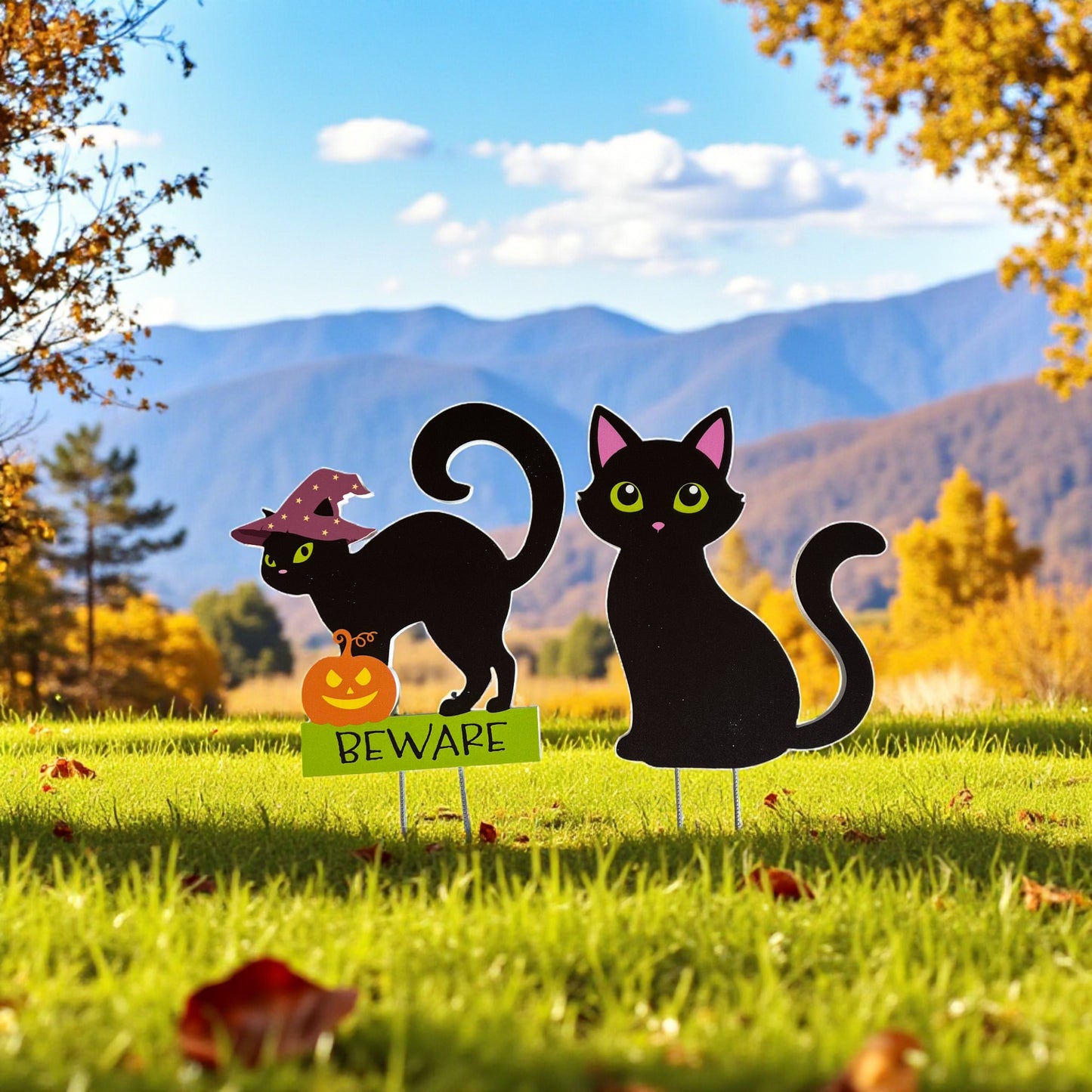 Black Cats Halloween Yard Stakes, Outdoor PVC Fall Decor, Set of 2, Stakes Included