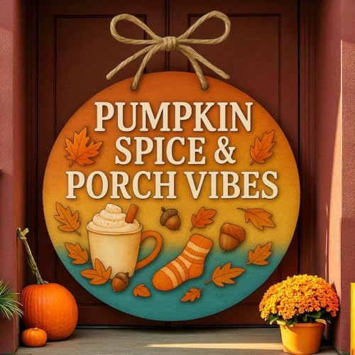 Pumpkin Spice and Porch Vibes Sign – Round Fall Front Door Hanger, Autumn Porch Decor, Outdoor Weather-Resistant PVC Decoration, 16 Inch