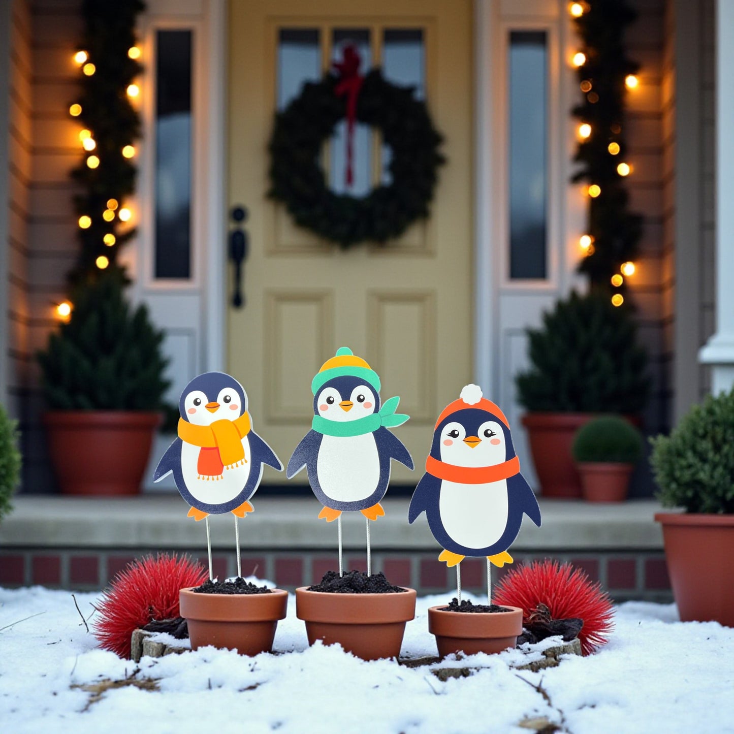 Christmas Penguins Yard Signs Set of 3 - Outdoor PVC Holiday Decorations with Stakes – Fun Yard Décor
