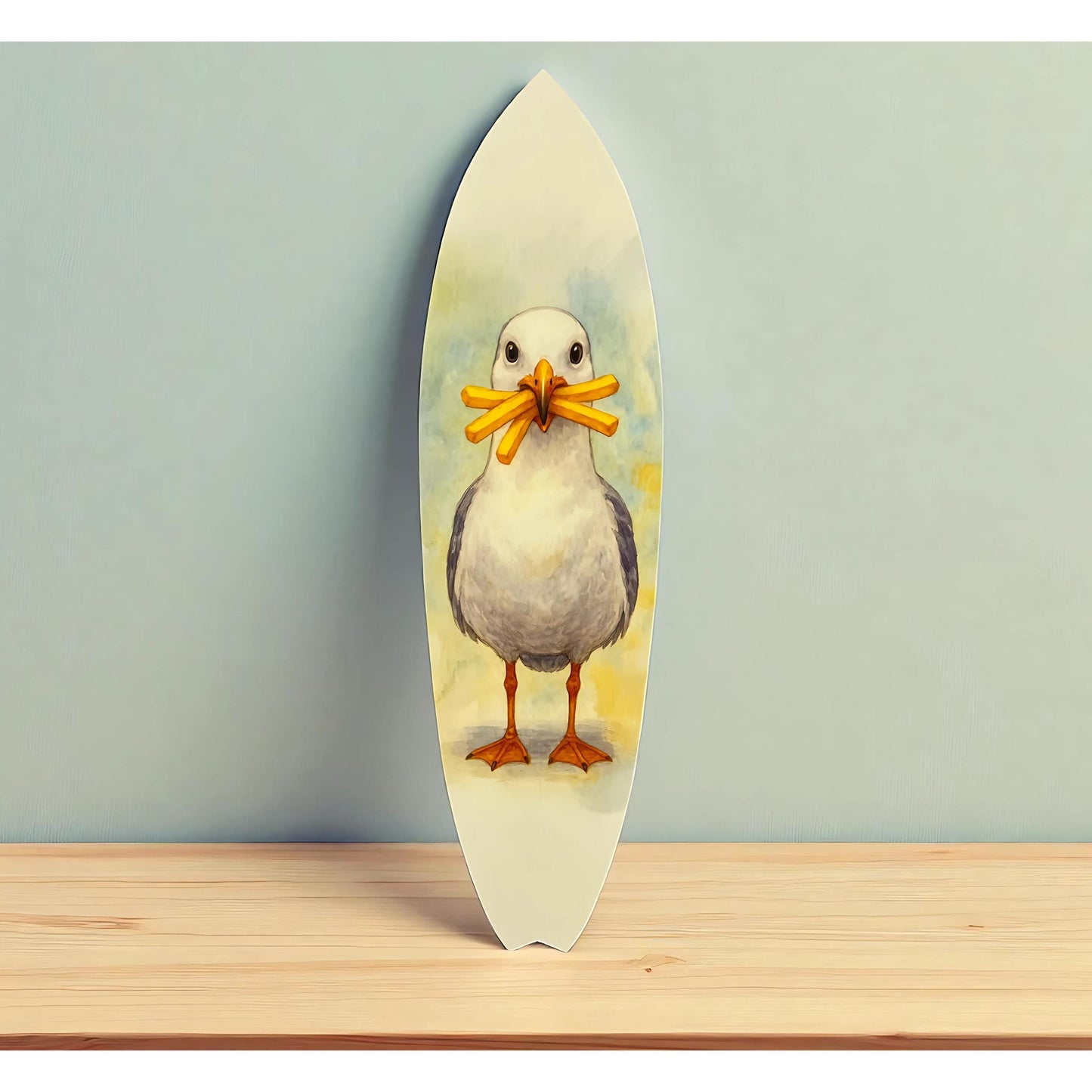 Funny Seagull Surfboard Wall Art – Outdoor Coastal Beach Decor, Seagull with Fries, PVC Surfboard Sign – 2ft to 5ft Sizes