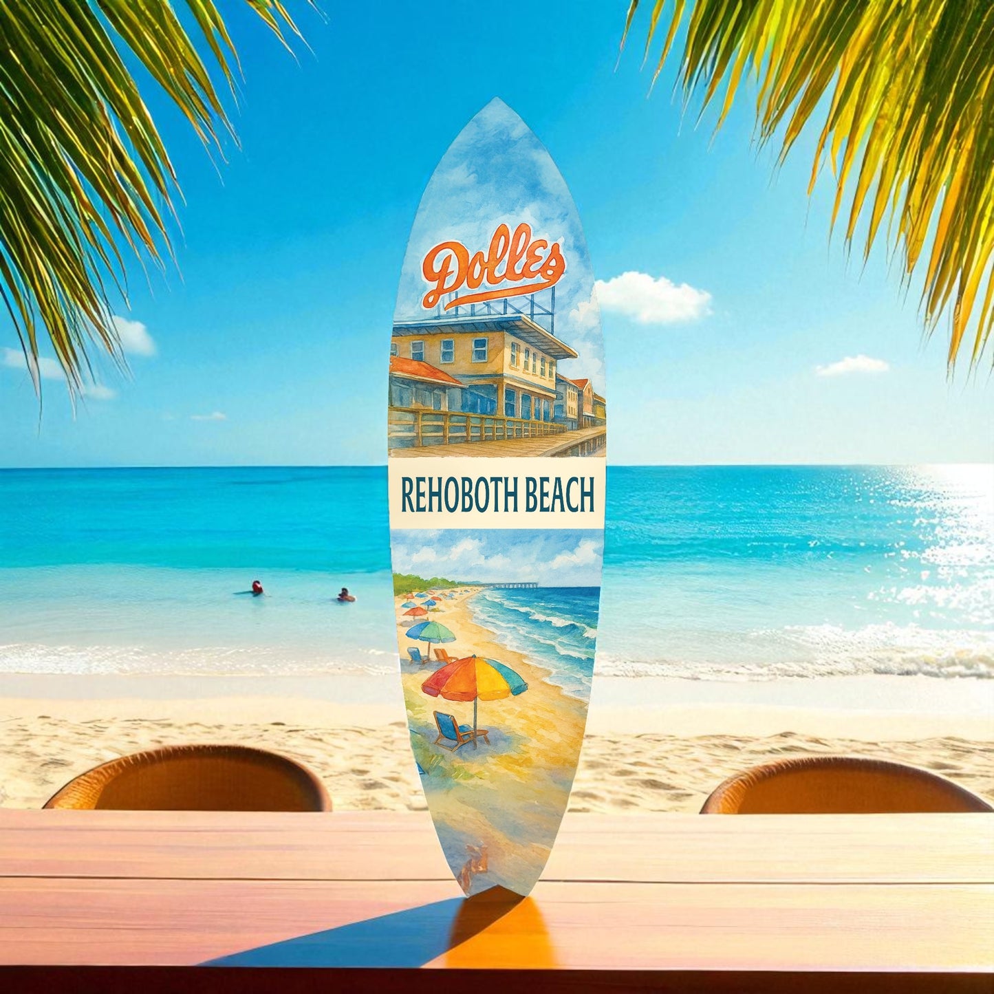 Rehoboth Beach Surfboard Wall Art – Dolles Salt Water Taffy Scene, Coastal Decor, Delaware Beach Sign, Outdoor Indoor PVC, 3 - 5 Feet