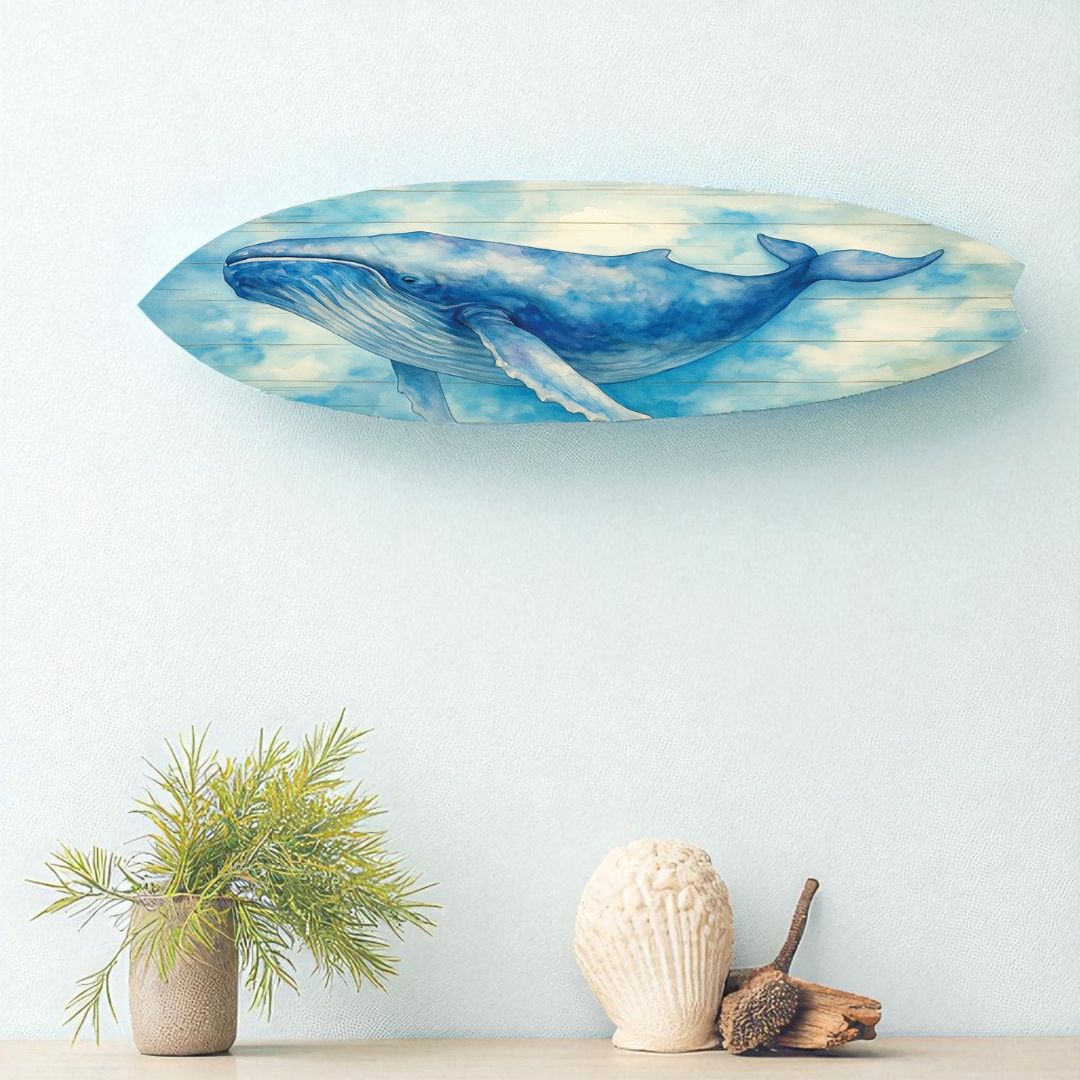 Humpback Whale Surfboard Wall Art – Nautical Decor, Beach House Sign, Watercolor Whale Art, Indoor Outdoor PVC Surfboard Decoration, 3 - 5 Feet