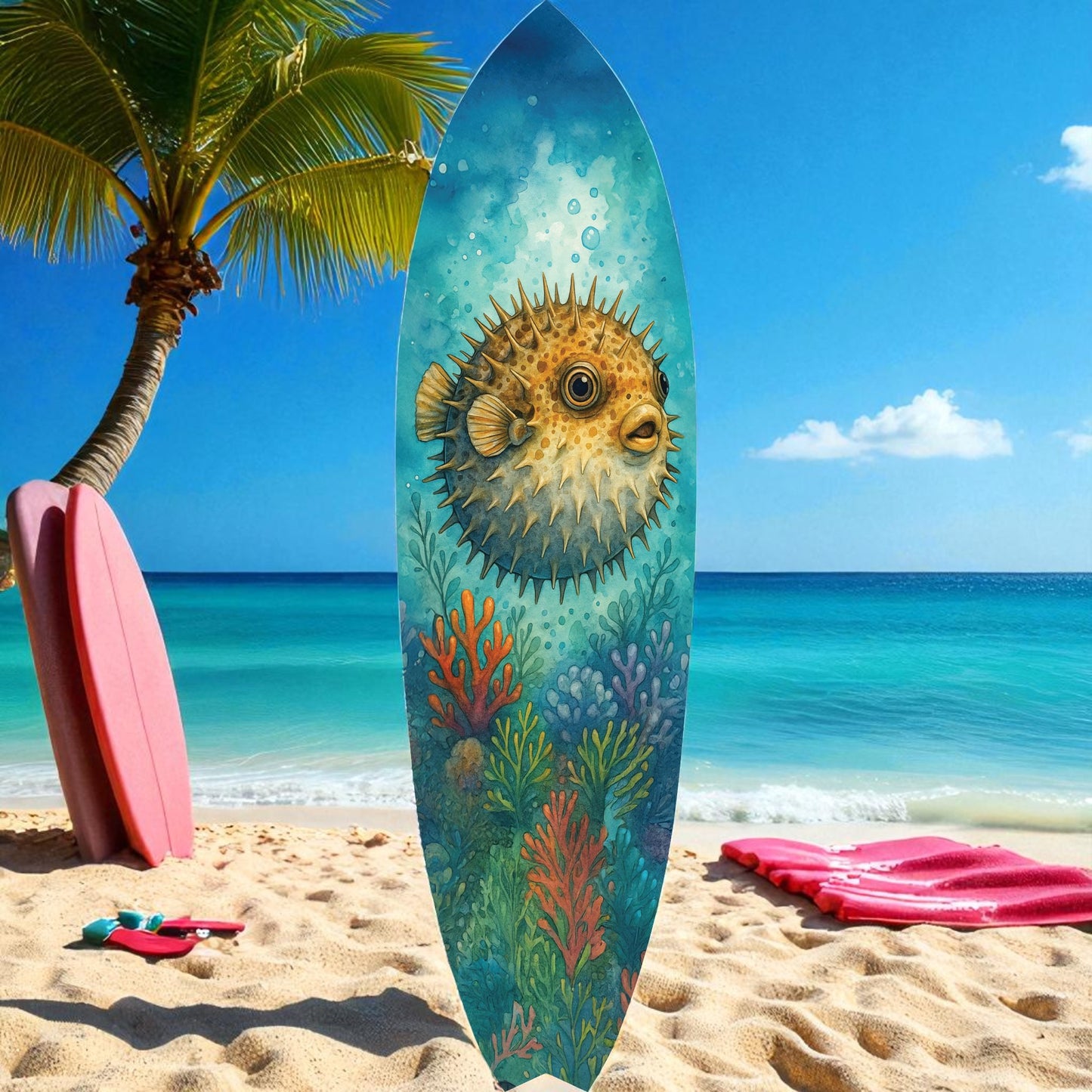 Outdoor Pufferfish Surfboard Wall Art – Coastal Beach House Decor, Vibrant Ocean-Themed, PVC Tropical Fish Surfboard Sign, 3 - 5 Feet