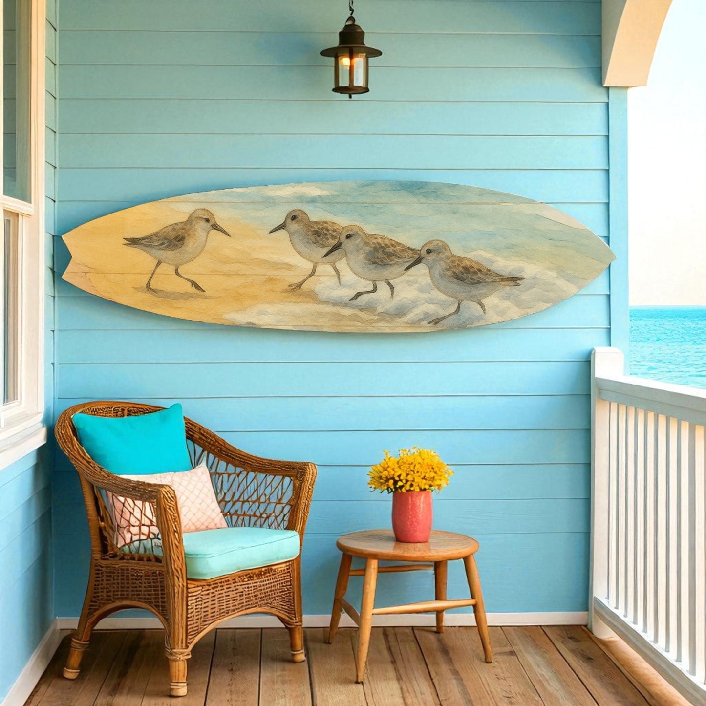 Shorebird Surfboard Wall Art – Beach House Decor with Sandpipers – Coastal Watercolor Surfboard Sign, Weather Resistant PVC Indoor Outdoor, 3 - 5 Feet