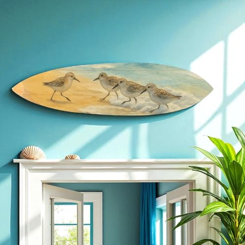 Shorebird Surfboard Wall Art – Beach House Decor with Sandpipers – Coastal Watercolor Surfboard Sign, Weather Resistant PVC Indoor Outdoor, 3 - 5 Feet