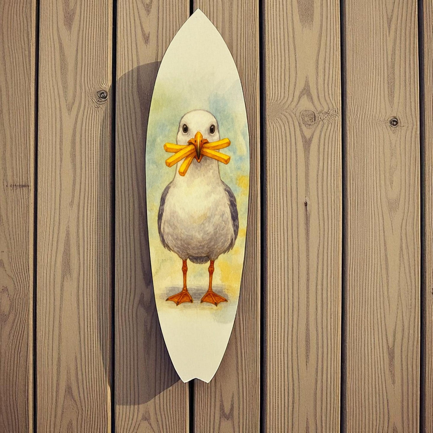 Funny Seagull Surfboard Wall Art – Outdoor Coastal Beach Decor, Seagull with Fries, PVC Surfboard Sign – 2ft to 5ft Sizes