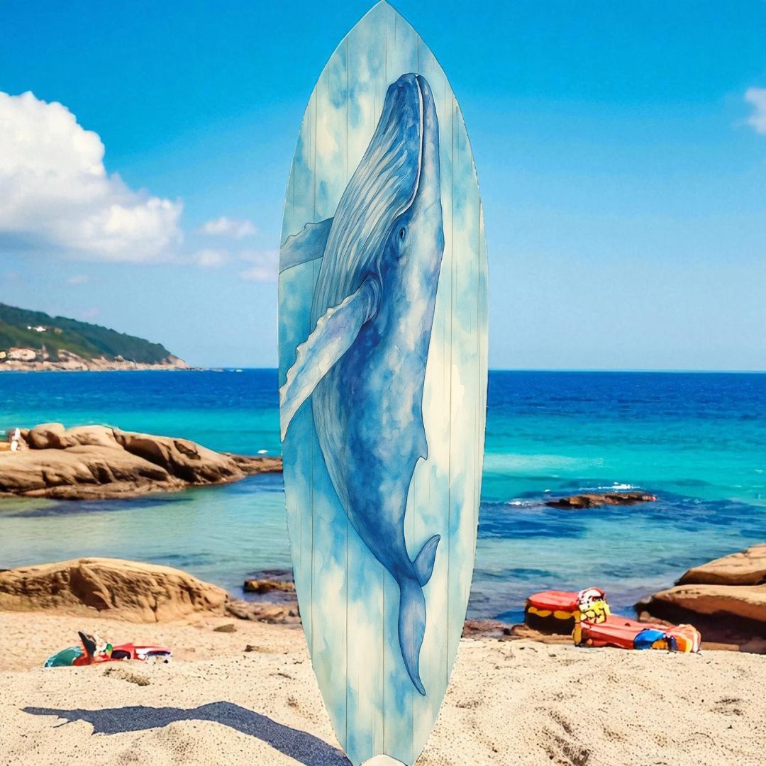 Humpback Whale Surfboard Wall Art – Nautical Decor, Beach House Sign, Watercolor Whale Art, Indoor Outdoor PVC Surfboard Decoration, 3 - 5 Feet