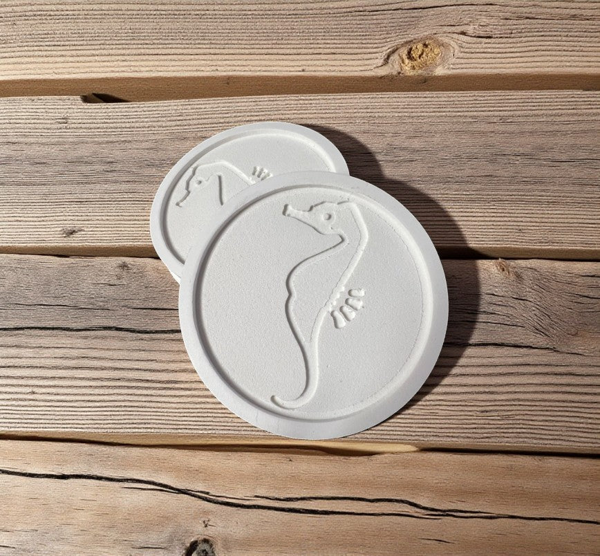 Seahorse Coasters Set of 4 – Indoor Outdoor PVC Coasters, Carved Seahorse Design, Coastal Beach House Decor, Nautical Drink Coasters