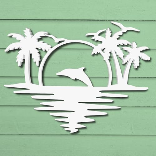 Outdoor Dolphin Wall Art, Coastal Wall Decor for Beach House, White PVC Dolphin Sign with Palm Trees Sunset, Nautical Ocean Decoration