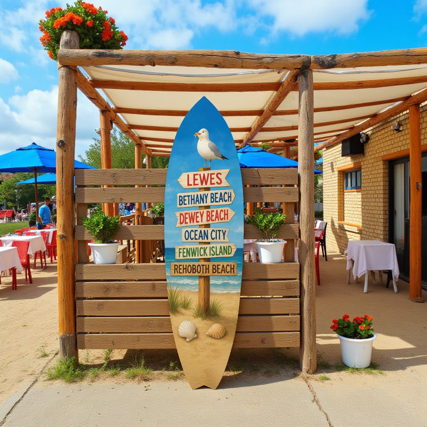 Delaware Beaches Surfboard Wall Art – Coastal Directional Sign with Lewes, Rehoboth, Bethany, Dewey, Fenwick & Ocean City, Nautical Beach