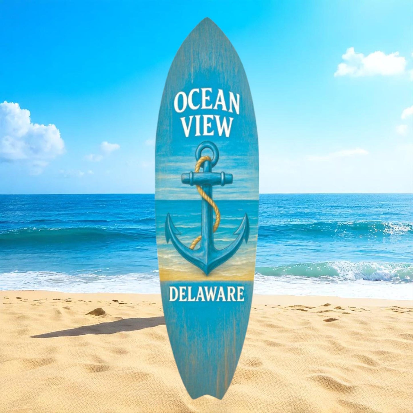 Ocean View Delaware Surfboard Wall Art – Coastal Anchor Beach Decor, Nautical Sign for Porch, Patio, or Beach House, Weatherproof PVC