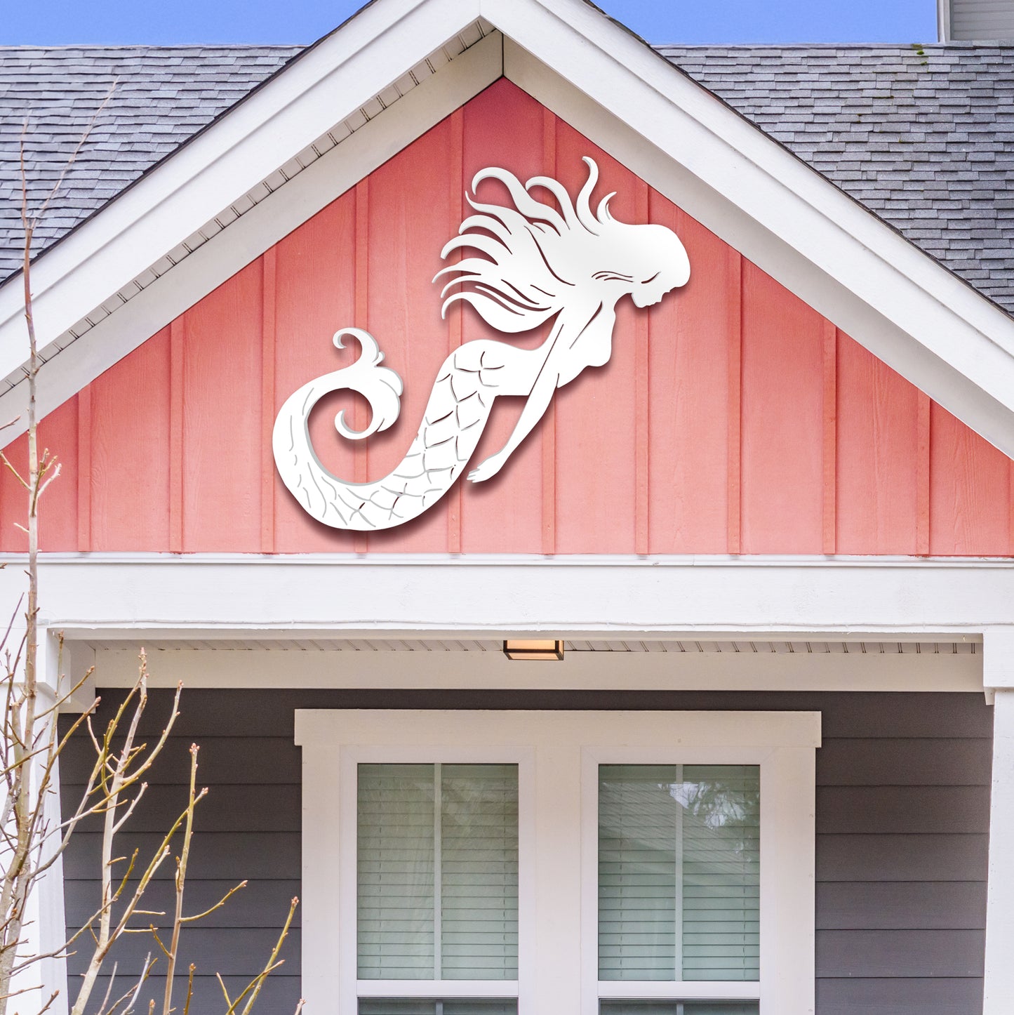 Front view of Mermaid wall decor showing full silhouette and elegant tail design, perfect for nautical outdoor decor.