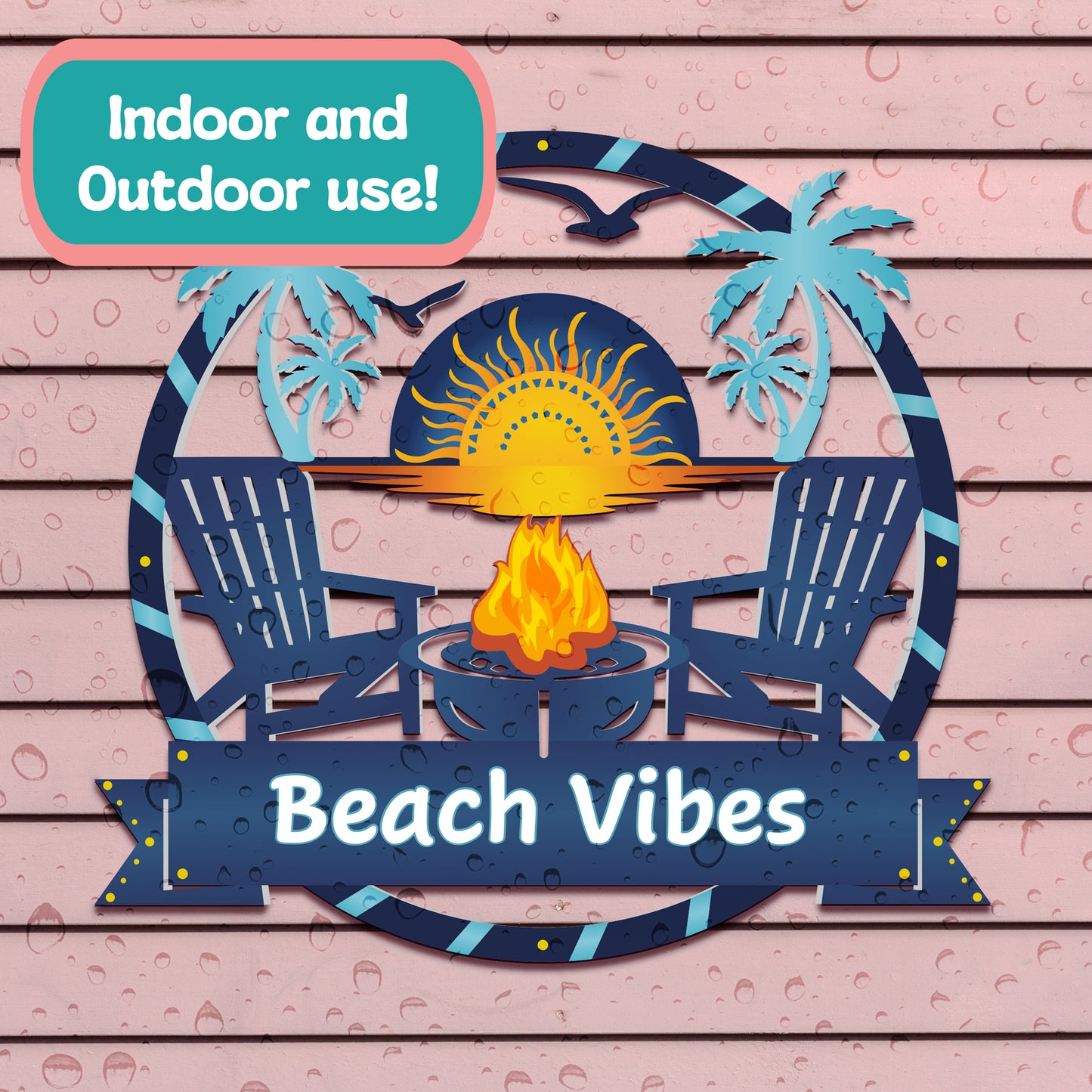 Outdoor Beach Vibes Sign – Round Premium PVC Beach House Decor with Palm Trees & Fire Pit – Weatherproof Coastal Wall Art for Home, Pool Area, Shed