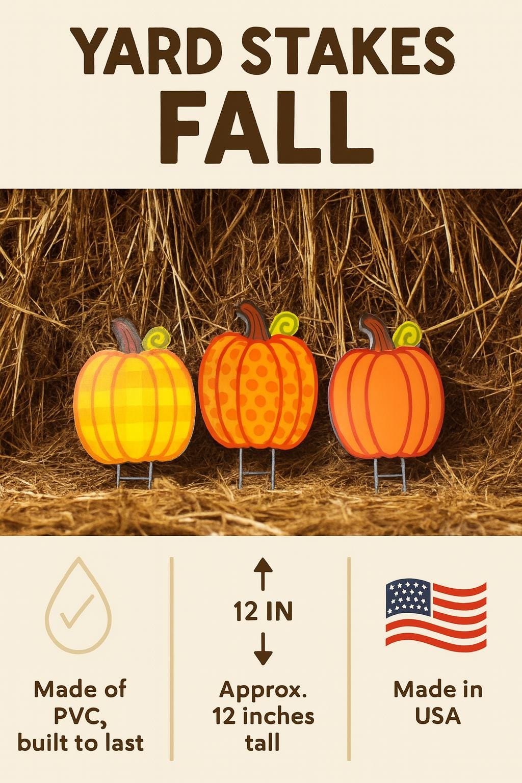 PVC Pumpkin Yard Stakes Set: Durable Autumn Garden Decor - Outdoor Fall Decorations - Made in USA
