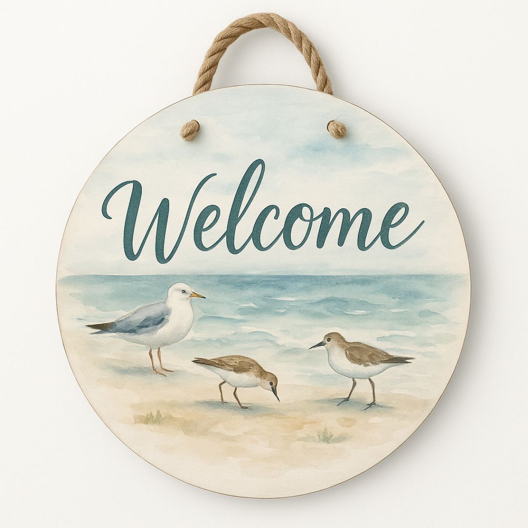 Welcome Coastal Birds Front Door Sign – Nautical Beach Wreath Wall Hanging, Waterproof PVC Outdoor Decor, Ocean Seaside Porch Decoration