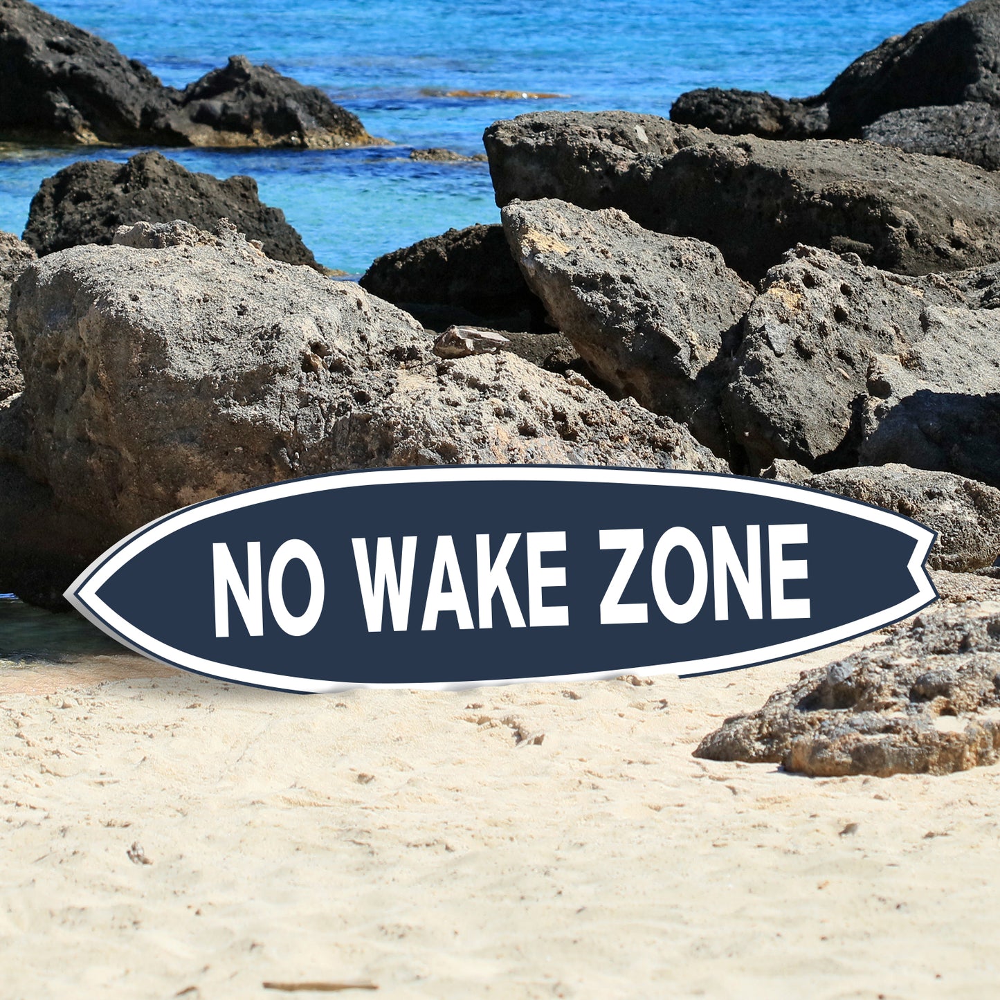 Outdoor No Wake Zone Surfboard Wall Art, PVC for Outside and Inside, Blue and White Nautical Design, 3 - 5 Feet