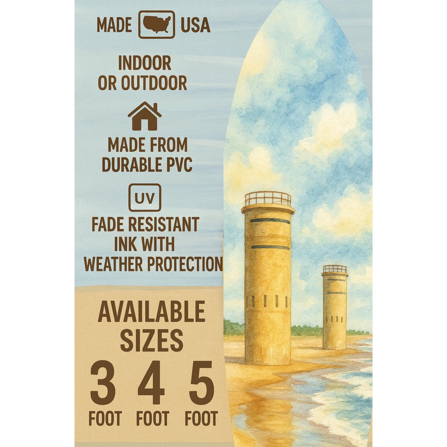 Cape Henlopen Delaware Surfboard Sign – WWII Observation Tower Decor – Coastal Indoor Outdoor Art, 3 - 5 Feet