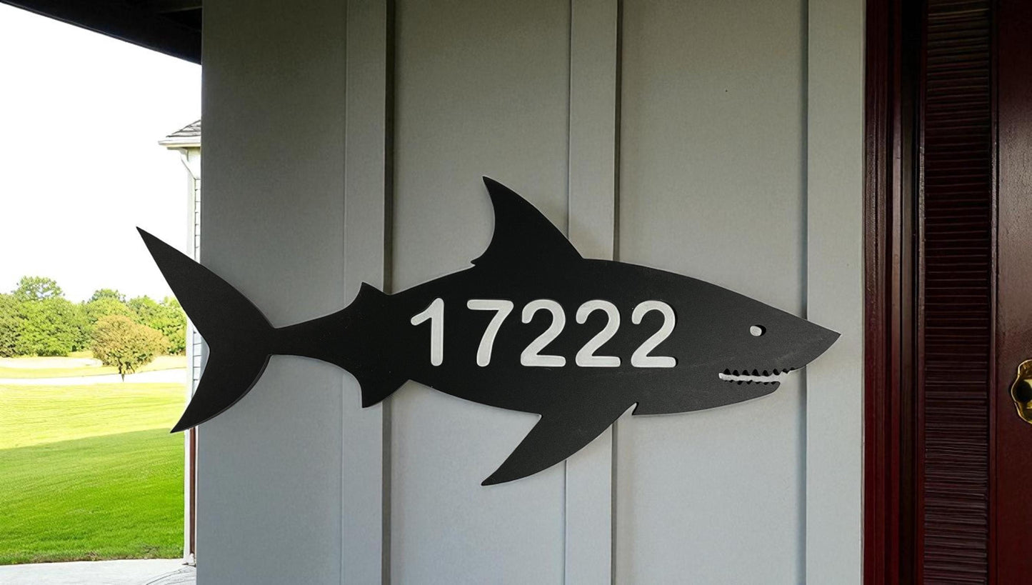 Shark Address Sign – Custom Coastal House Number Plaque, Nautical Beach House Décor, Outdoor Safe PVC, Black or White
