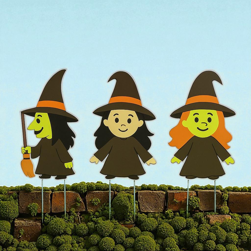 Set of 3 Halloween Witch Yard Stakes – 12” PVC Lawn Decorations – Outdoor Weatherproof, Made in USA – Cute Witches with Stakes