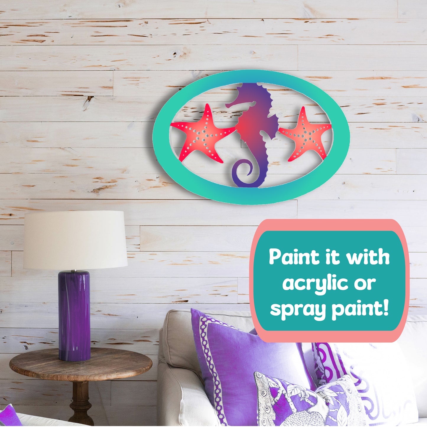 Outdoor Seahorse and Starfish Wall Art – Oval Beach House Decoration, Weatherproof PVC – Coastal Decor for Porch, Shed, Pool Area or Fence