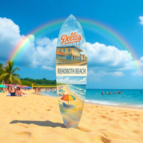 Rehoboth Beach Surfboard Wall Art – Dolles Salt Water Taffy Scene, Coastal Decor, Delaware Beach Sign, Outdoor Indoor PVC, 3 - 5 Feet