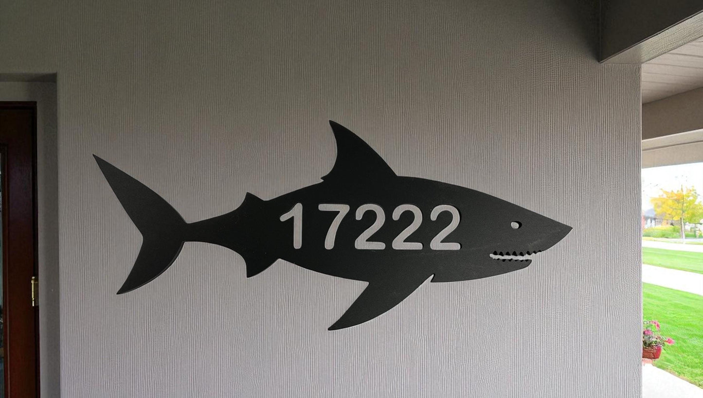 Shark Address Sign – Custom Coastal House Number Plaque, Nautical Beach House Décor, Outdoor Safe PVC, Black or White