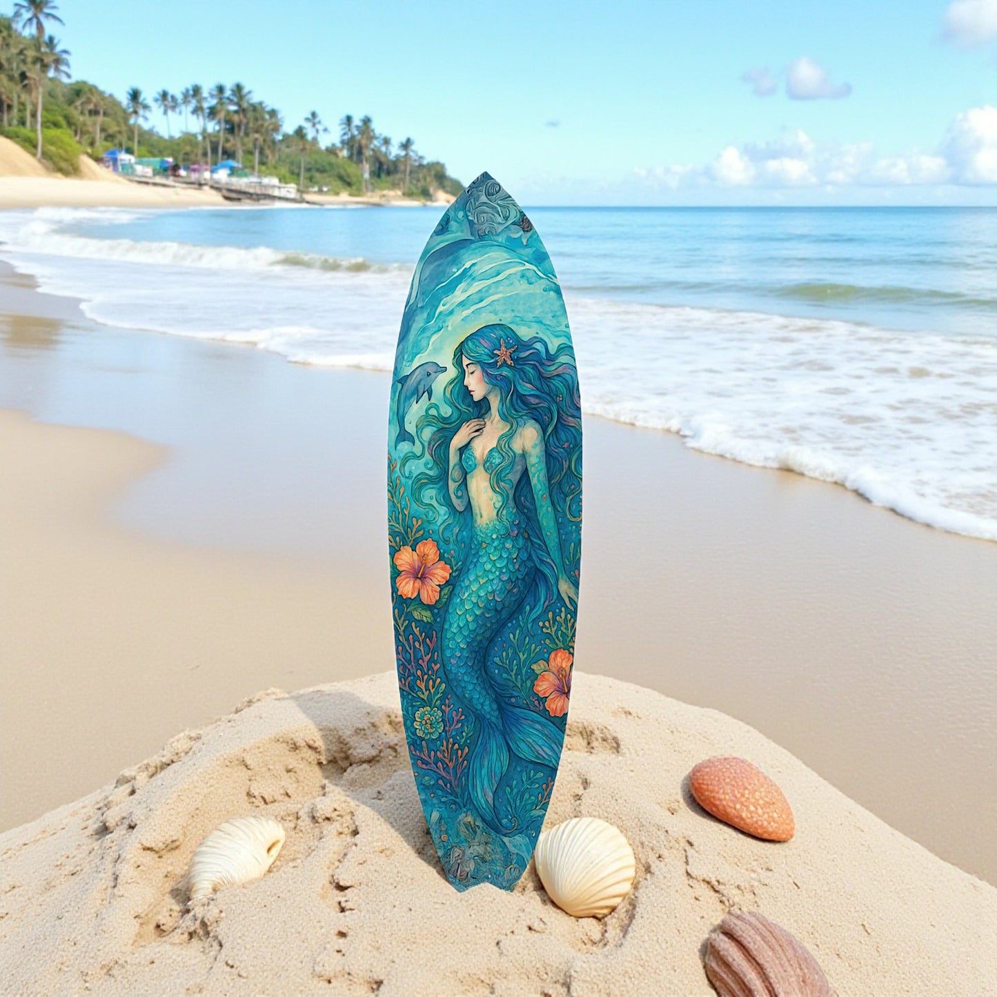 JennyGems Mermaid Decorative Surfboard Sign – Indoor Outdoor Coastal Wall Art, Beach Mermaid Décor, Ocean Lover Gift, Tropical PVC Surfboard Art, Nautical Home Décor, Made in USA, 2 Foot
