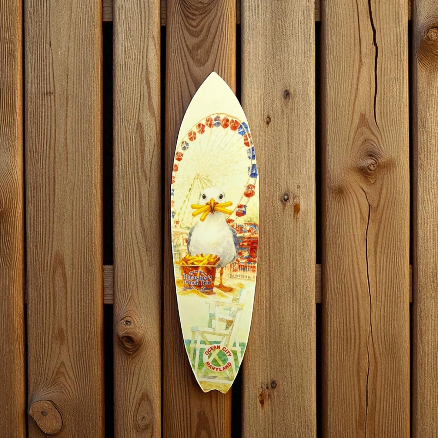 Ocean City Maryland Surfboard Wall Art – Seagull & Thrashers French Fries, Coastal Beach House Décor, Nautical PVC Sign