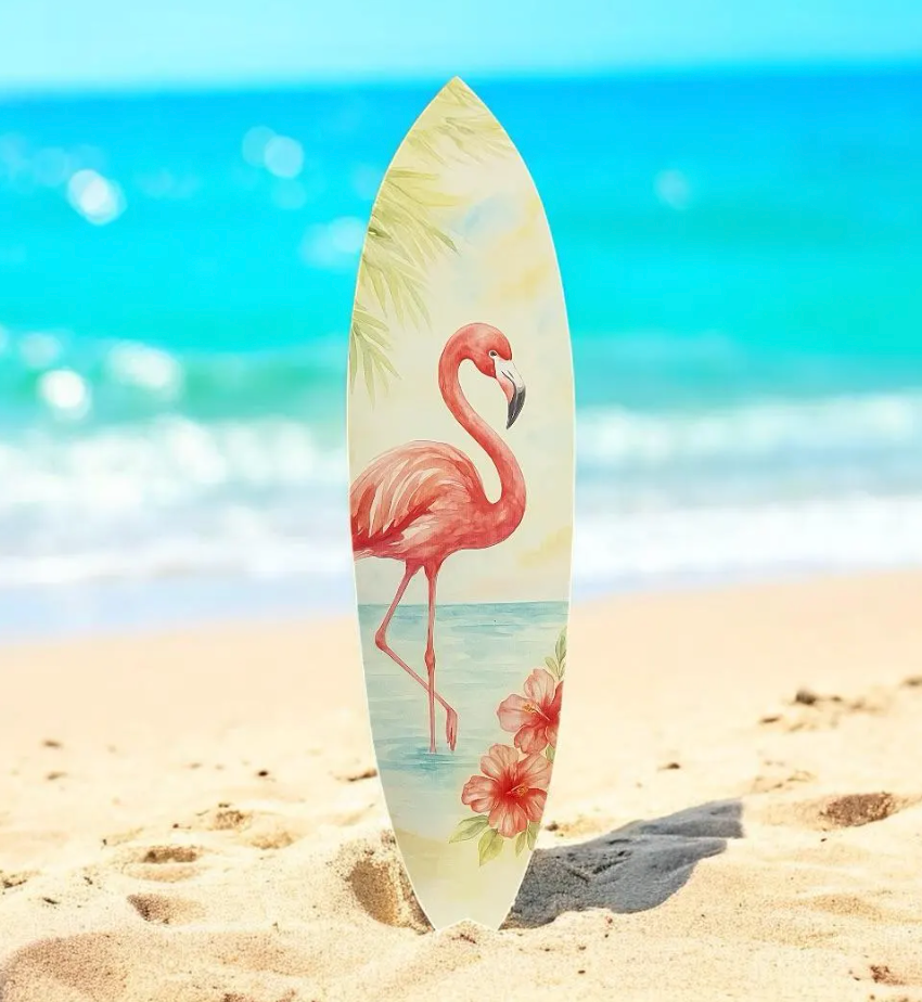 Flamingo Surfboard Wall Art – Tropical PVC Beach House Decor, Coastal Flamingo Sign for Porch or Patio, Outdoor Weatherproof Wall Art, 3 - 5 Feet