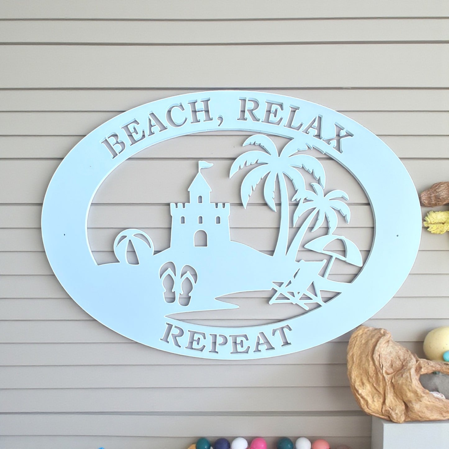 Beach House Sign – Beach Relax Repeat PVC Wall Art, Coastal Outdoor Decor, 36x24 Sandcastle Sign