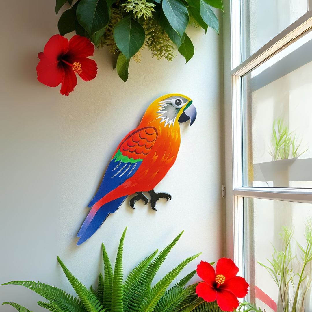 Parrot Decor Outdoor Tiki Bar Decorations, Colorful Tropical Bird Wall Art for Beach House, Patio Fence Garden Yard, Weather-Resistant PVC Sign
