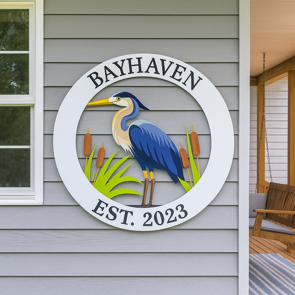 Custom 36” Heron Egret Sign – Coastal Outdoor Wall Art for Beach House, Porch or Cottage – Weatherproof PVC, Beach Decor, Porch Patio