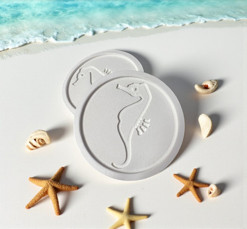 Seahorse Coasters Set of 4 – Indoor Outdoor PVC Coasters, Carved Seahorse Design, Coastal Beach House Decor, Nautical Drink Coasters