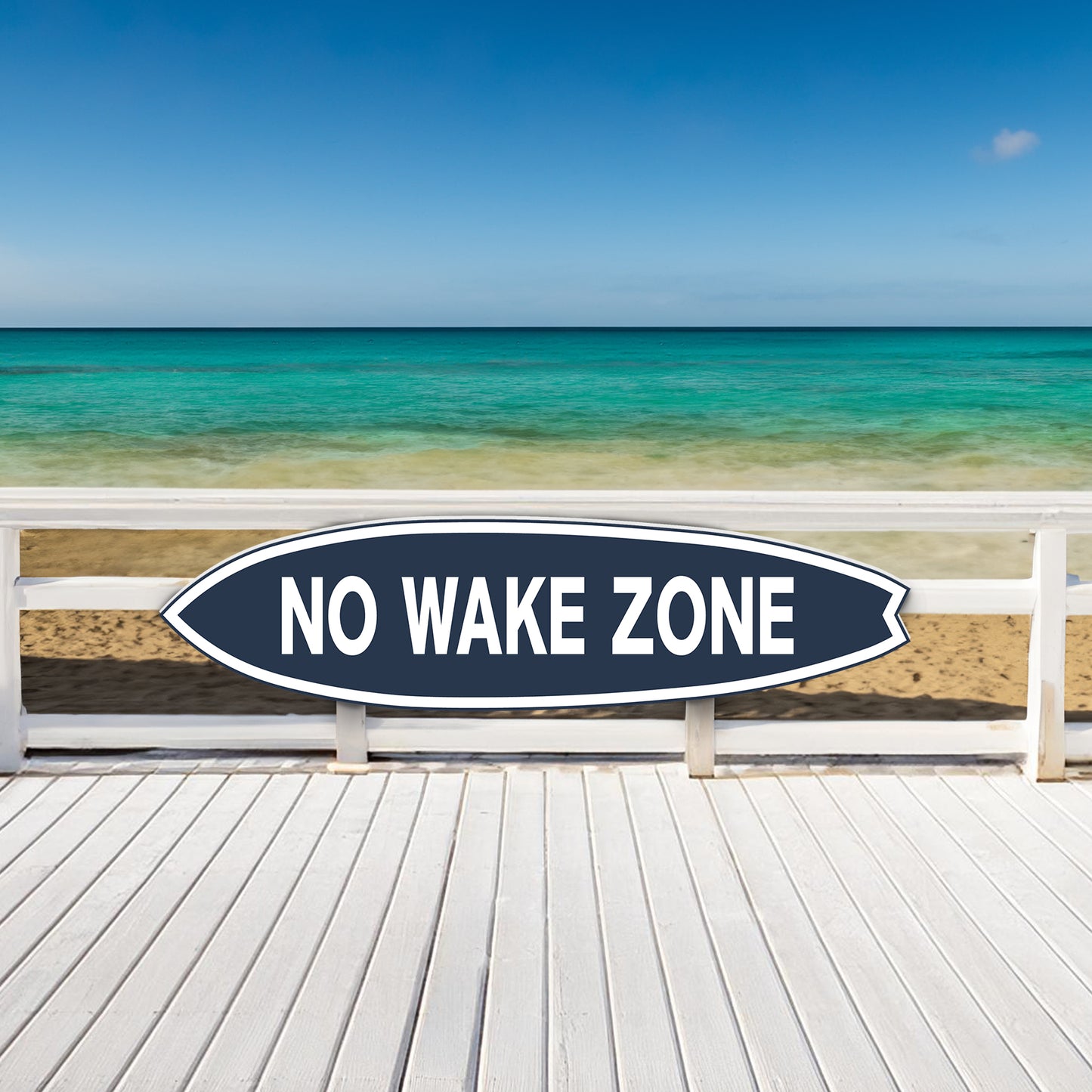 Outdoor No Wake Zone Surfboard Wall Art, PVC for Outside and Inside, Blue and White Nautical Design, 3 - 5 Feet