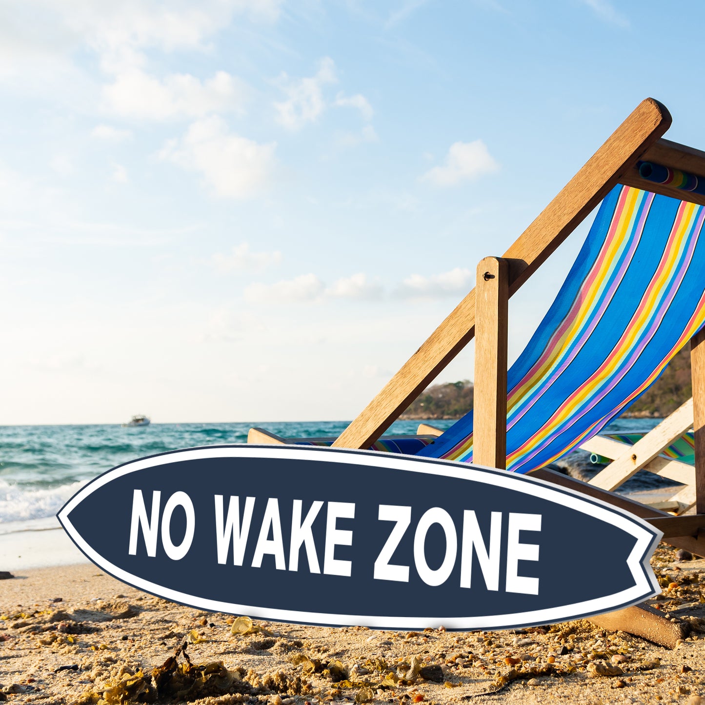 Outdoor No Wake Zone Surfboard Wall Art, PVC for Outside and Inside, Blue and White Nautical Design, 3 - 5 Feet
