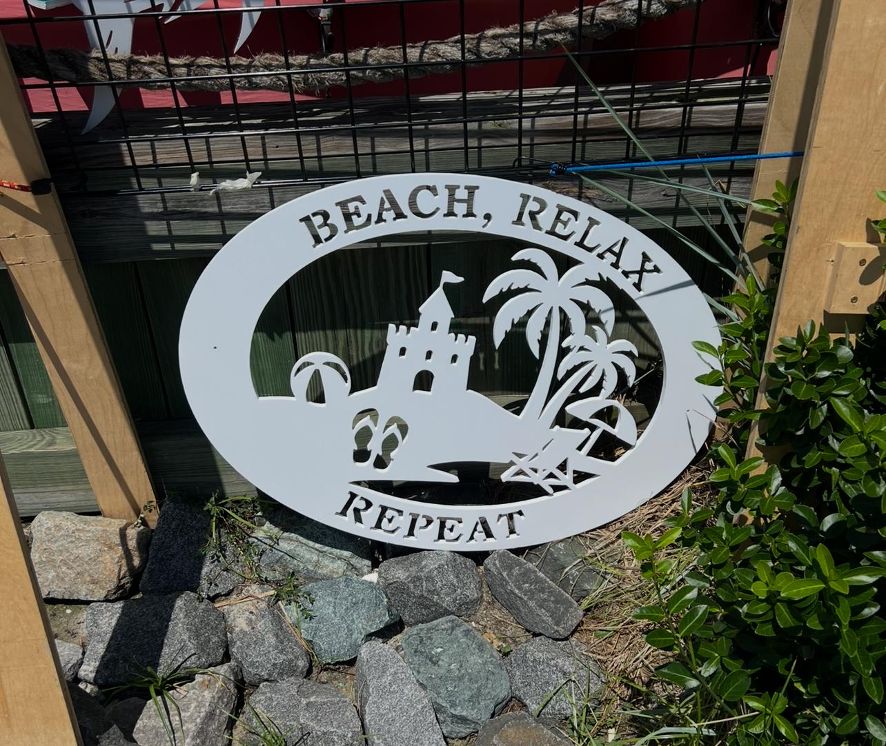 Beach House Sign – Beach Relax Repeat PVC Wall Art, Coastal Outdoor Decor, 36x24 Sandcastle Sign