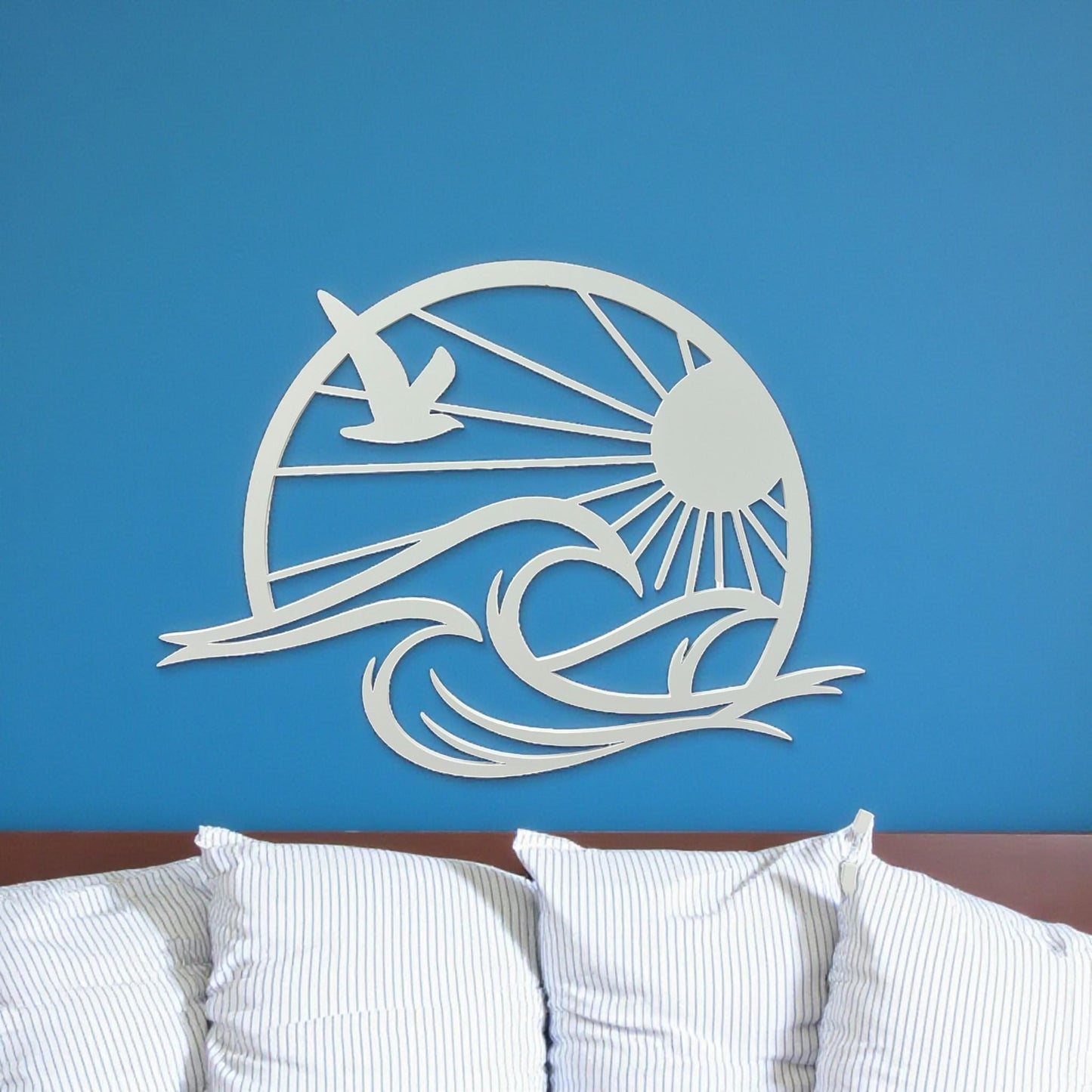 Sun & Waves Coastal Wall Art – 3 Ft PVC Beach House Sign, Seagull Ocean Decor, Nautical Outdoor/Indoor Wall Hanging