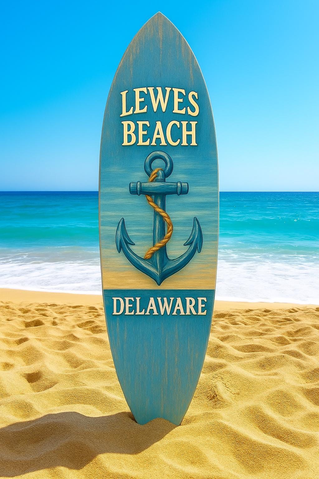 Lewes Beach Delaware Surfboard Wall Art – Coastal PVC Sign for Porch or Beach House, Nautical Wall Decor, Weatherproof Outdoor Art