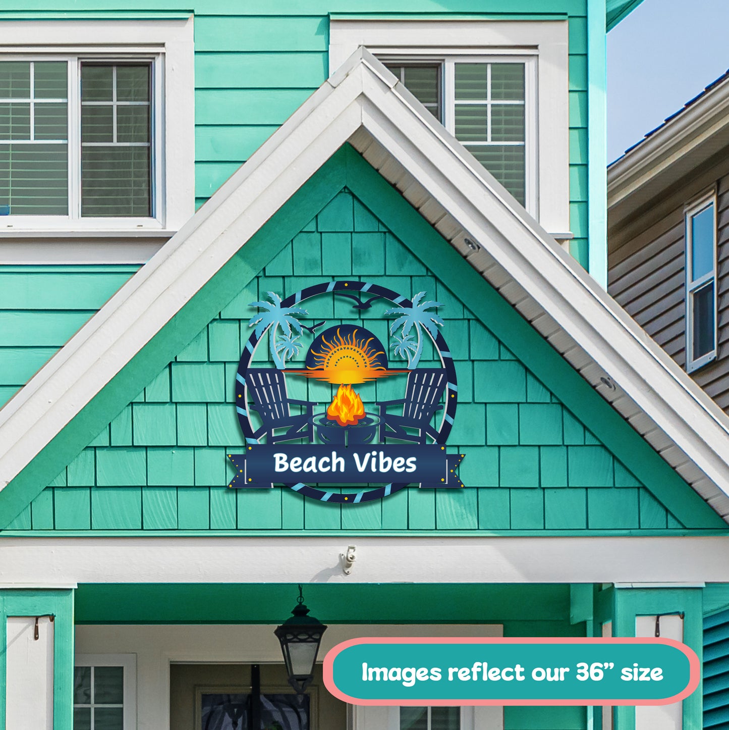 Outdoor Beach Vibes Sign – Round Premium PVC Beach House Decor with Palm Trees & Fire Pit – Weatherproof Coastal Wall Art for Home, Pool Area, Shed