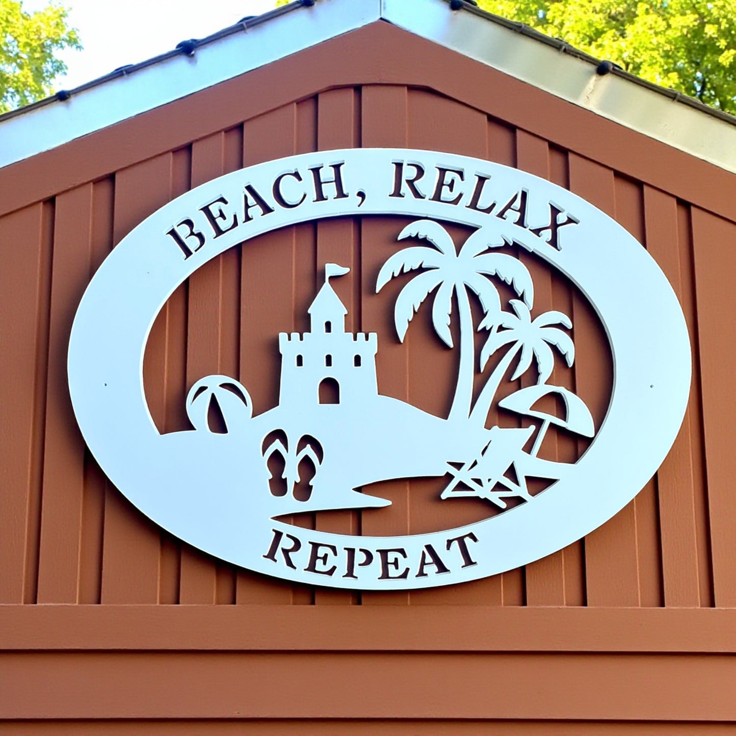 Beach House Sign – Beach Relax Repeat PVC Wall Art, Coastal Outdoor Decor, 36x24 Sandcastle Sign