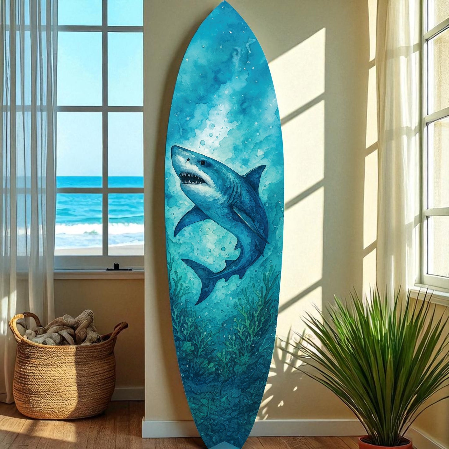 Shark Surfboard Wall Art – Watercolor Ocean Decor, Indoor Outdoor PVC, Coastal Shark Beach House Decoration, 3 - 5 Feet