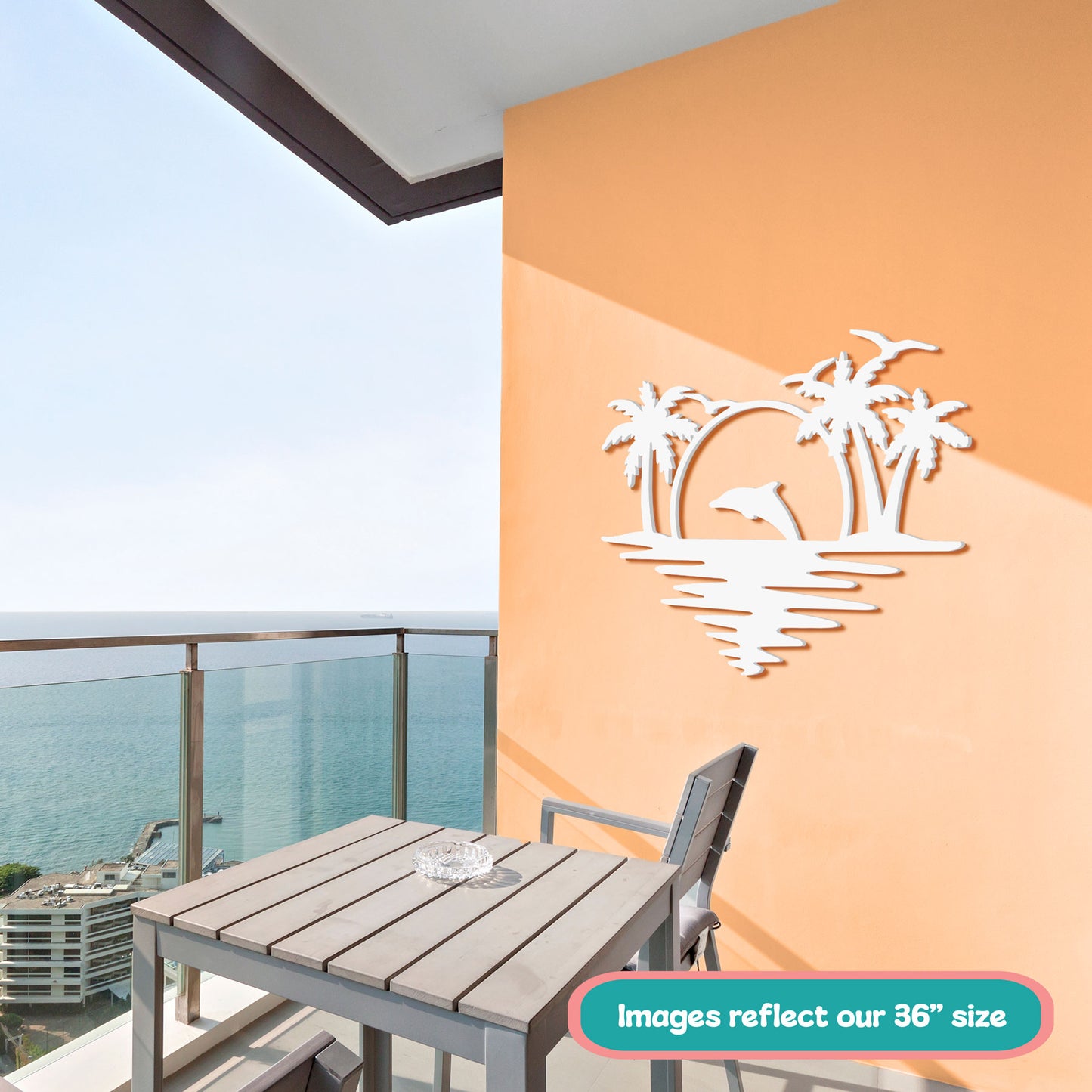 Outdoor Dolphin Wall Art, Coastal Wall Decor for Beach House, White PVC Dolphin Sign with Palm Trees Sunset, Nautical Ocean Decoration
