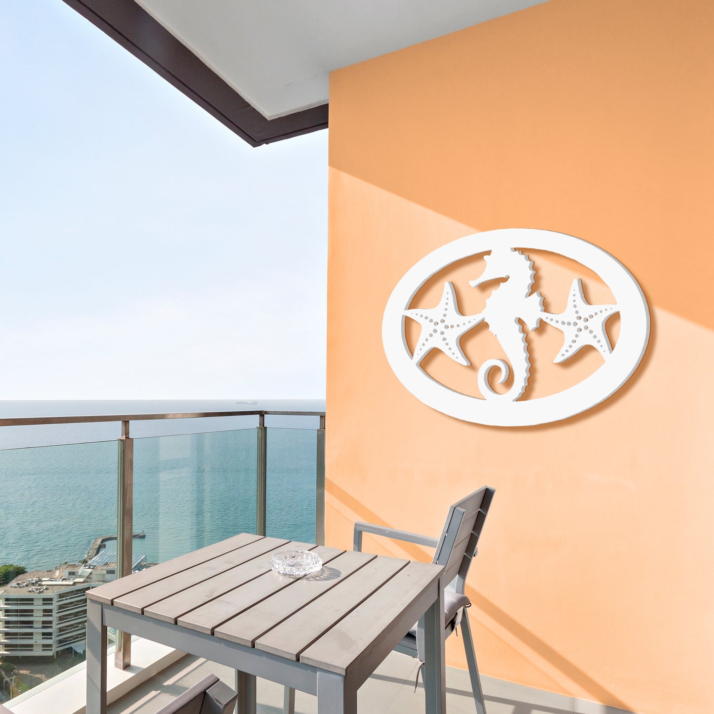 Outdoor Seahorse and Starfish Wall Art – Oval Beach House Decoration, Weatherproof PVC – Coastal Decor for Porch, Shed, Pool Area or Fence