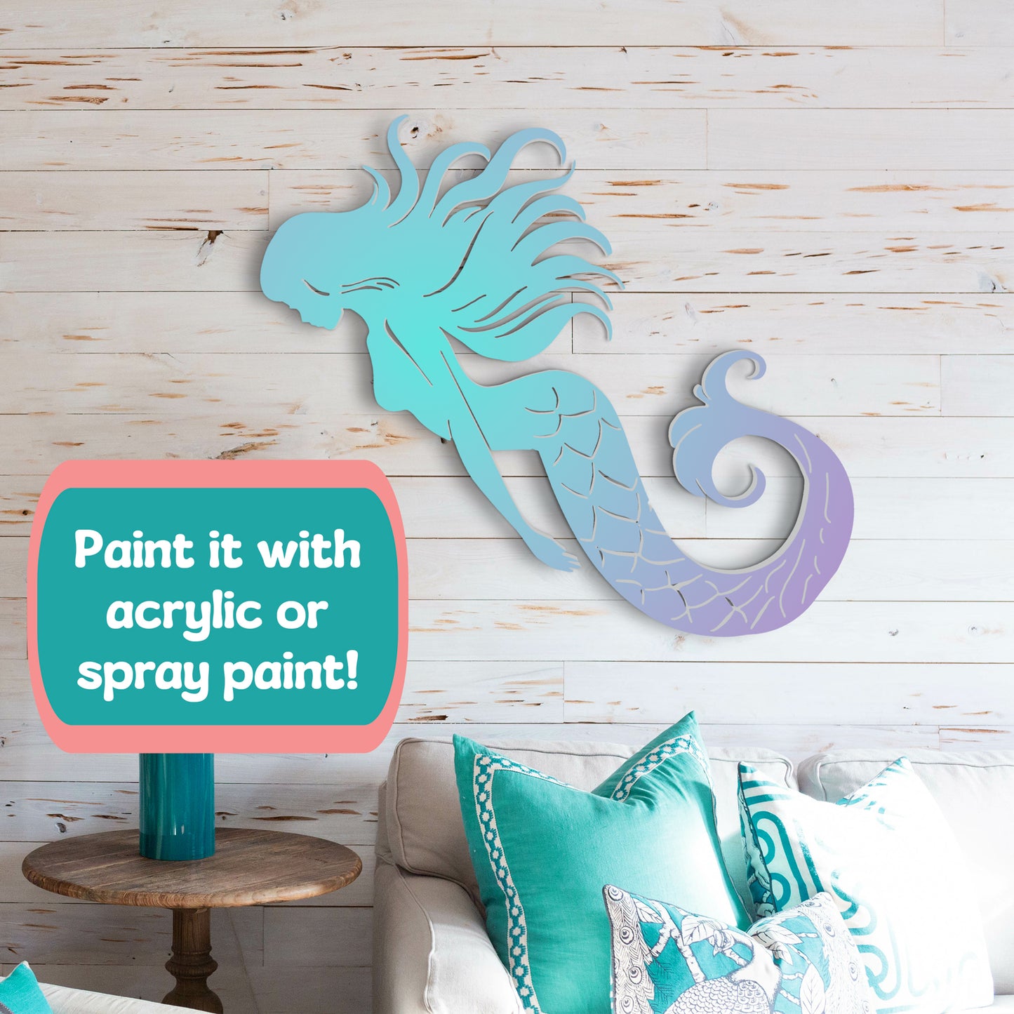 Close-up of tail detail showing intricate craftsmanship of the Mermaid design on premium PVC material.