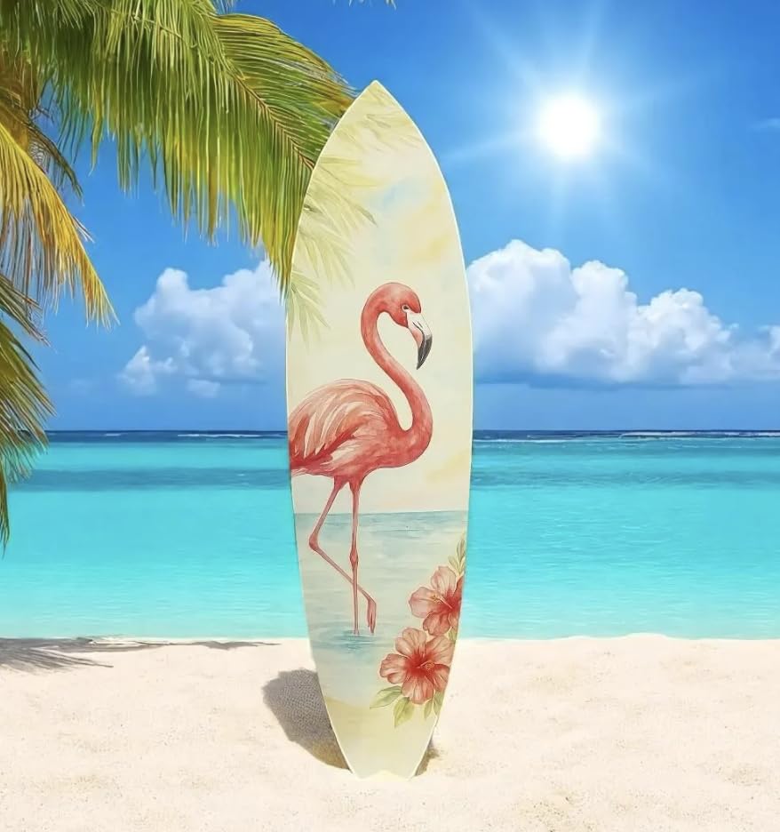 Flamingo Surfboard Wall Art – Tropical PVC Beach House Decor, Coastal Flamingo Sign for Porch or Patio, Outdoor Weatherproof Wall Art, 3 - 5 Feet