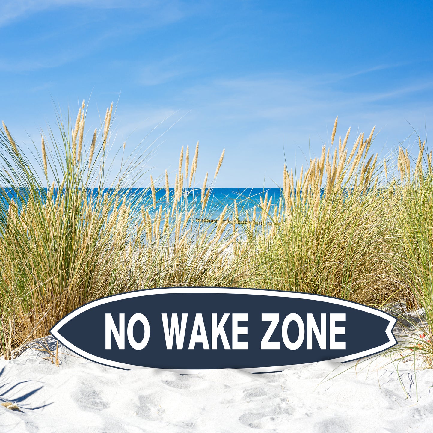 Outdoor No Wake Zone Surfboard Wall Art, PVC for Outside and Inside, Blue and White Nautical Design, 3 - 5 Feet