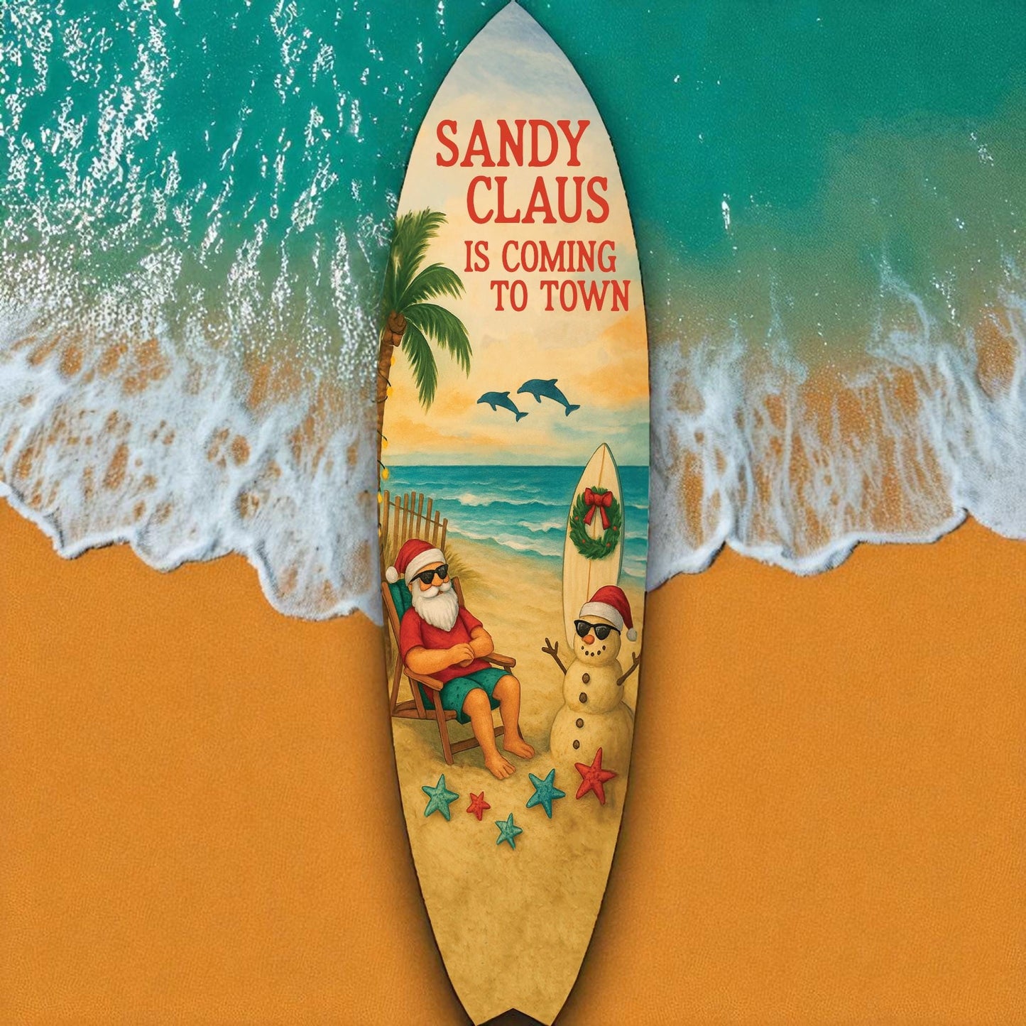 Sandy Claus Surfboard Sign β Beach Christmas Decor β Coastal Holiday Wall Art β Santa Surfing Tropical Sign β Nautical Xmas Porch Decoration, 3 - 5 Feet