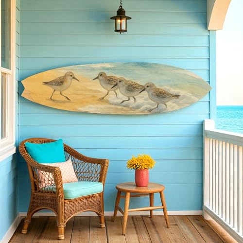 Shorebird Surfboard Wall Art – Beach House Decor with Sandpipers – Coastal Watercolor Surfboard Sign, Weather Resistant PVC Indoor Outdoor, 3 - 5 Feet